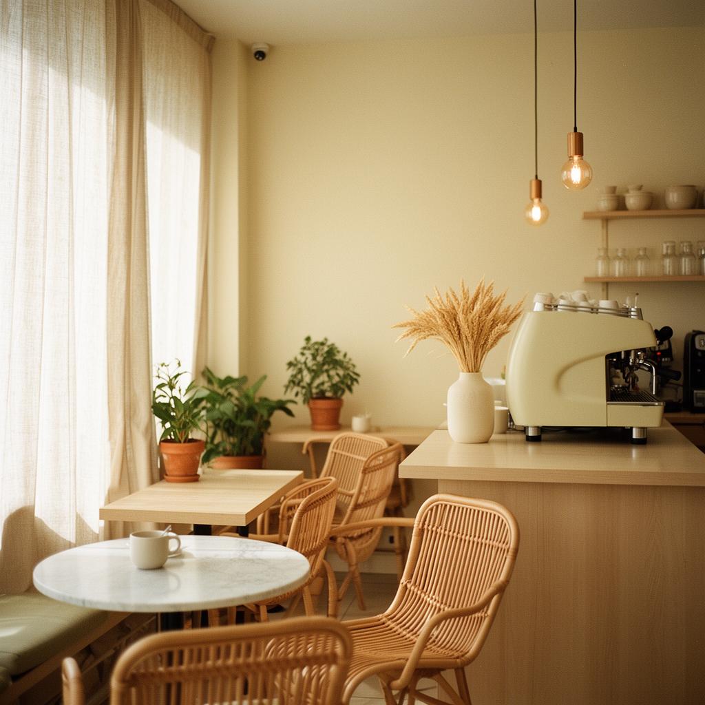 Interior of Jutro brunch bar with warm light, rattan chairs and an espresso machine